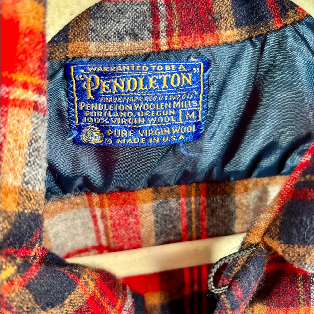 Vtg Pendleton 1960s Plaid Wool Loop Collar Flannel - Red and Brown Made in USA